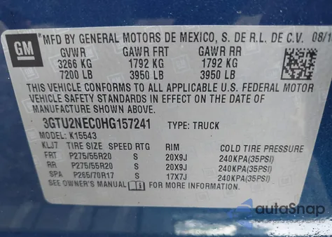 2017 GMC Sierra 1500 Slt from USA, damaged, VIN 3GTU2NEC0HG157241